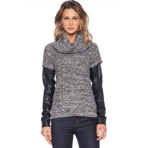 BLANKNYC Womens Pullover Sweater Black Marled Vegan Leather‎ Sleeve Cowl Neck S